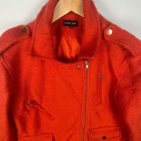 Sister Jane Tweed Boucle Moto Jacket Biker Wool Blend Orange women’s size S - Picture 4 of 9